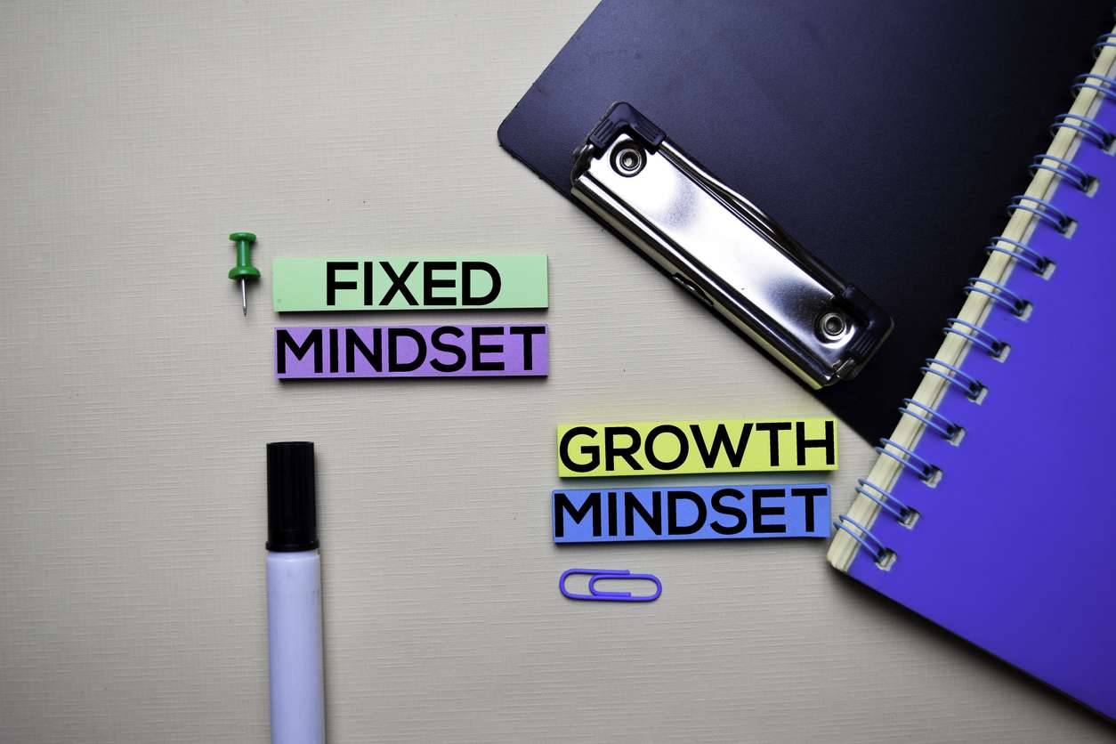 Fixed Mindset or Growth Mindset text on sticky notes with office desk concept